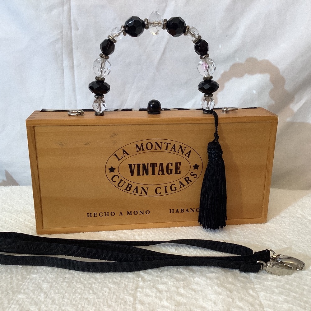 Vintage La Montana‎ Cuban Cigar wood beads fabric hand shoulder crossbody